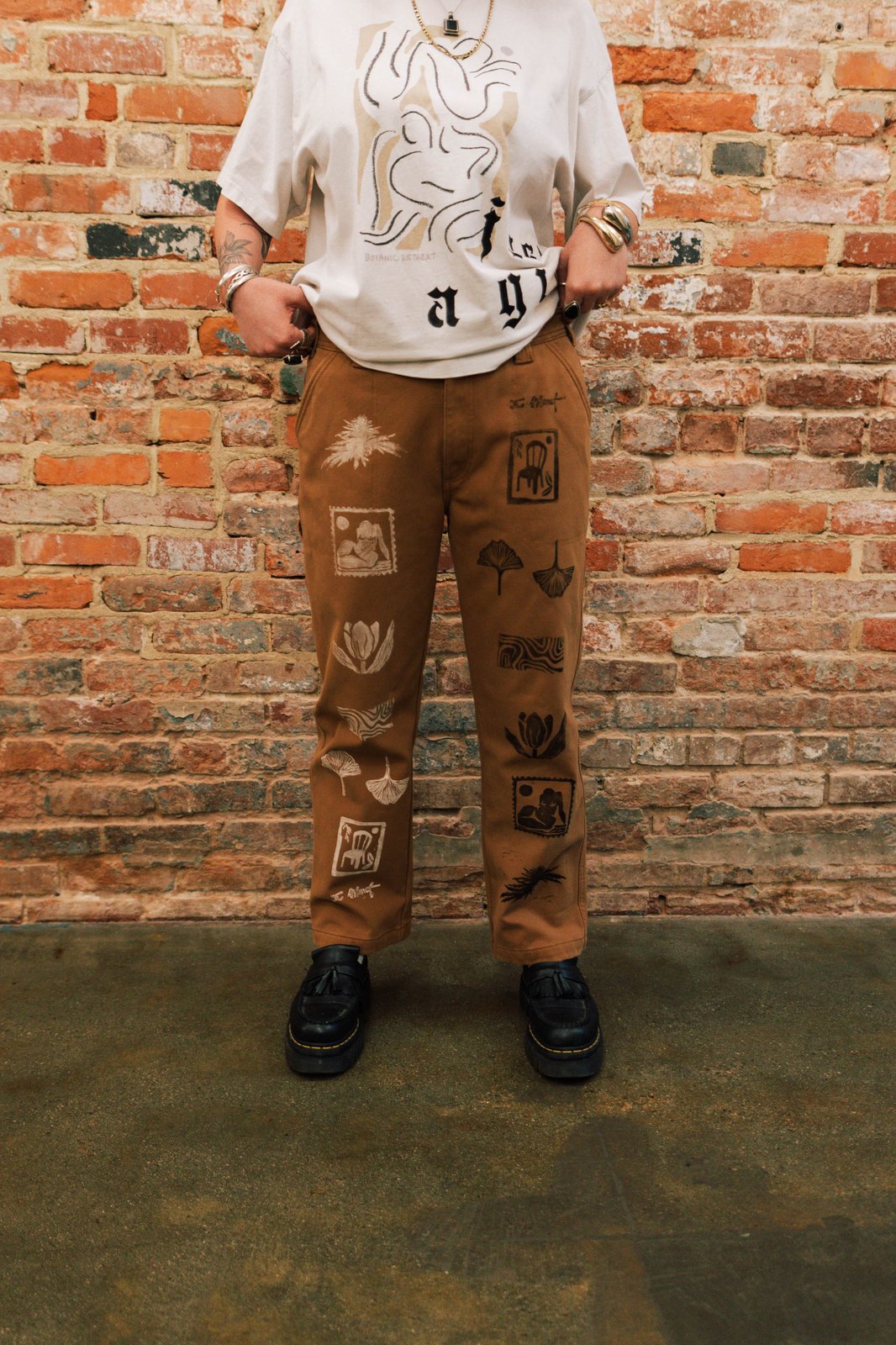 Coleman Handprinted Tan Carpenter Pants (34x30/Women's 12)) | CJ